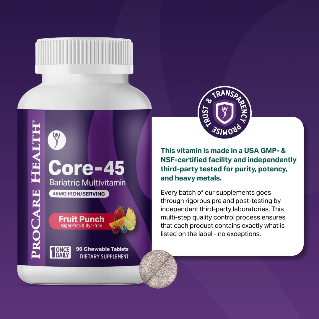 Core-45 Bariatric Multivitamin | Fruit Punch | Chewable | 90ct | Once Daily Bariatric Multivitamin with Iron 45mg Chewable Tablets for Gastric Bypass, Sleeve & Post-Op Support - Made in USA