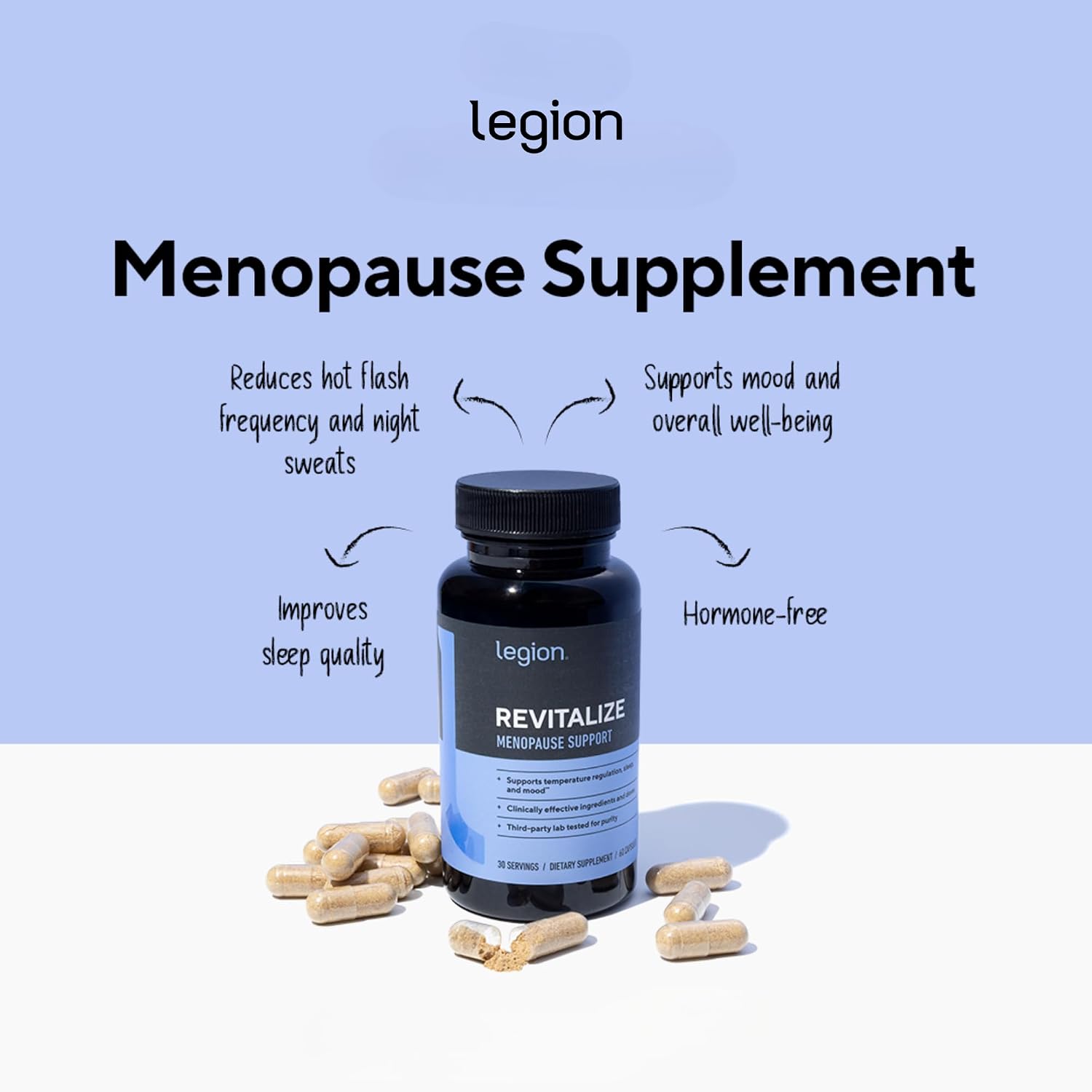 LEGION Revitalize Menopause Support Supplement - Hormone-Free Formula with Plant-Based Botanical Extracts for Women - EstroG-100, Soy Isoflavones, & Black Cohosh - 30 Servings