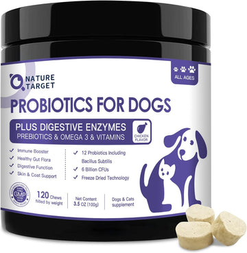 NATURE TARGET 6 Billion Freeze Dried Probiotics for Dogs, 120 Bites | With Prebiotics & Enzymes, Vitamins & Omega 3, Support Digestive & Gut Health, Itch Relief, Reduce Diarrhea