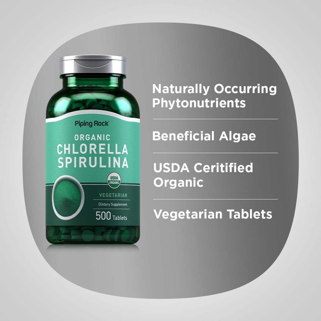 Piping Rock Chlorella Spirulina Organic | 500 Tablets | Vegetarian, Non-GMO and Gluten Free Supplement