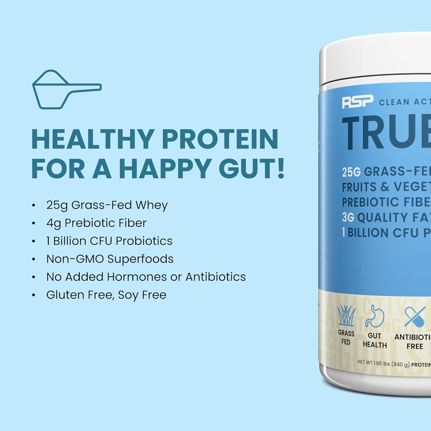 TrueFit Grass-Fed Whey Protein Powder + Fiber & Probiotics, Vanilla Shake | 25g Gut Healthy Protein with Fiber, Probiotics & Non-GMO Superfoods for Complete Meal Replacement Shake with Nothing Fake