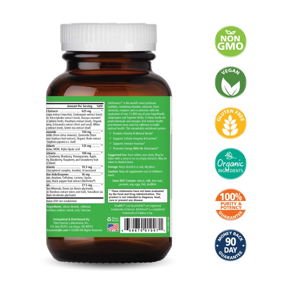 PURE ESSENCE LABS LifeEssence Multivitamin for Women and Men - Natural Herbal Supplement - Vitamin D, Vitamin D3, Vitamin B12, Biotin with Whole Foods (240 Tablets)