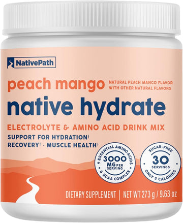 NativePath Hydrate Electrolyte Powder, Peach Mango, 30 Servings | 14 Vitamins & Minerals, 9 Aminos & 2000mg BCAAs, Zero Sugar, Supports Hydration & Recovery, Stevia, Keto
