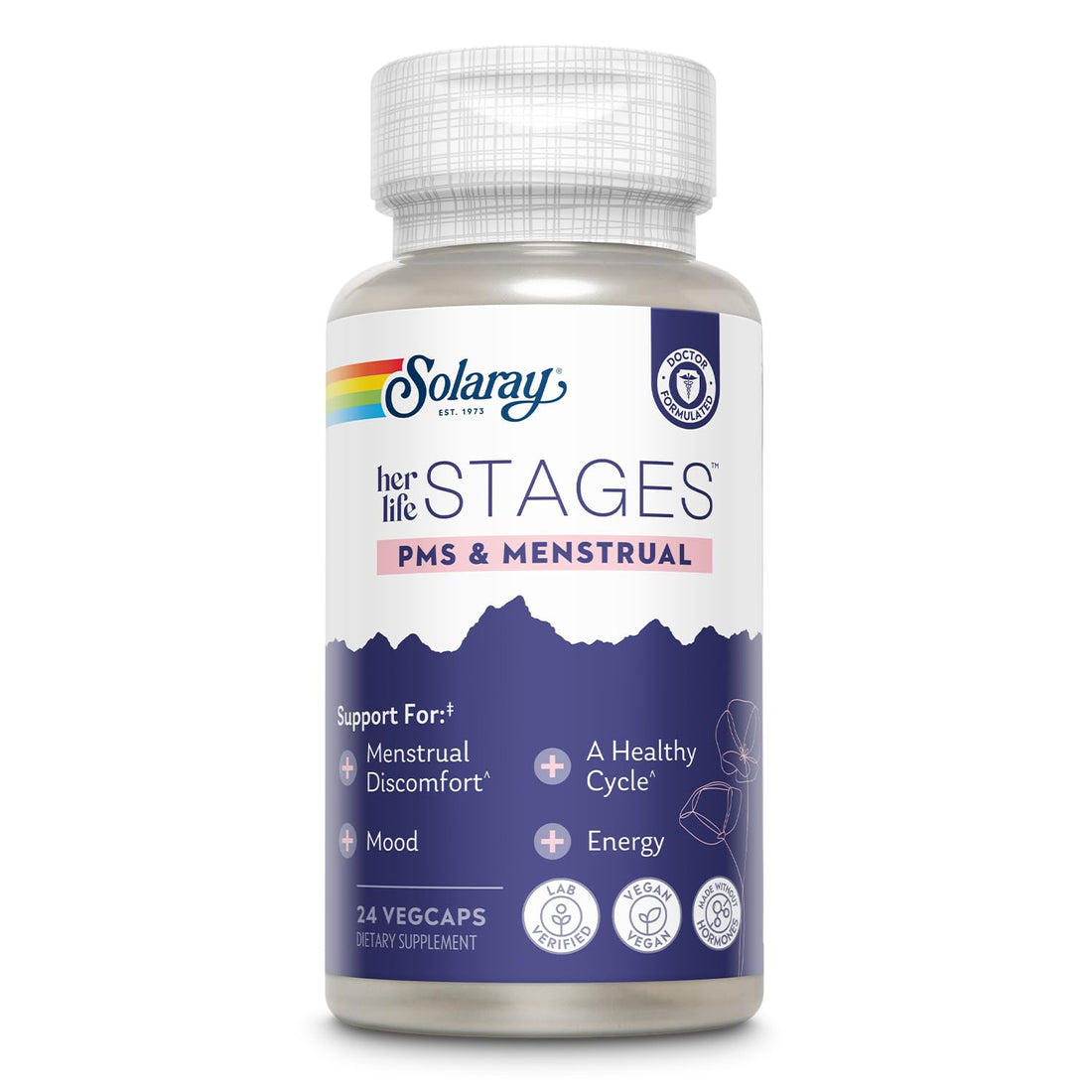 Solaray PMS & Menstrual her life STAGES - PMS Support Supplement for Women with Cramp Bark, Vitex Chasteberry - Made Without Hormones - 60-Day Guarantee - Vegan, Lab Verified - 24 Servings, 24 VegCaps SOLARAYBuy Supplements Australia