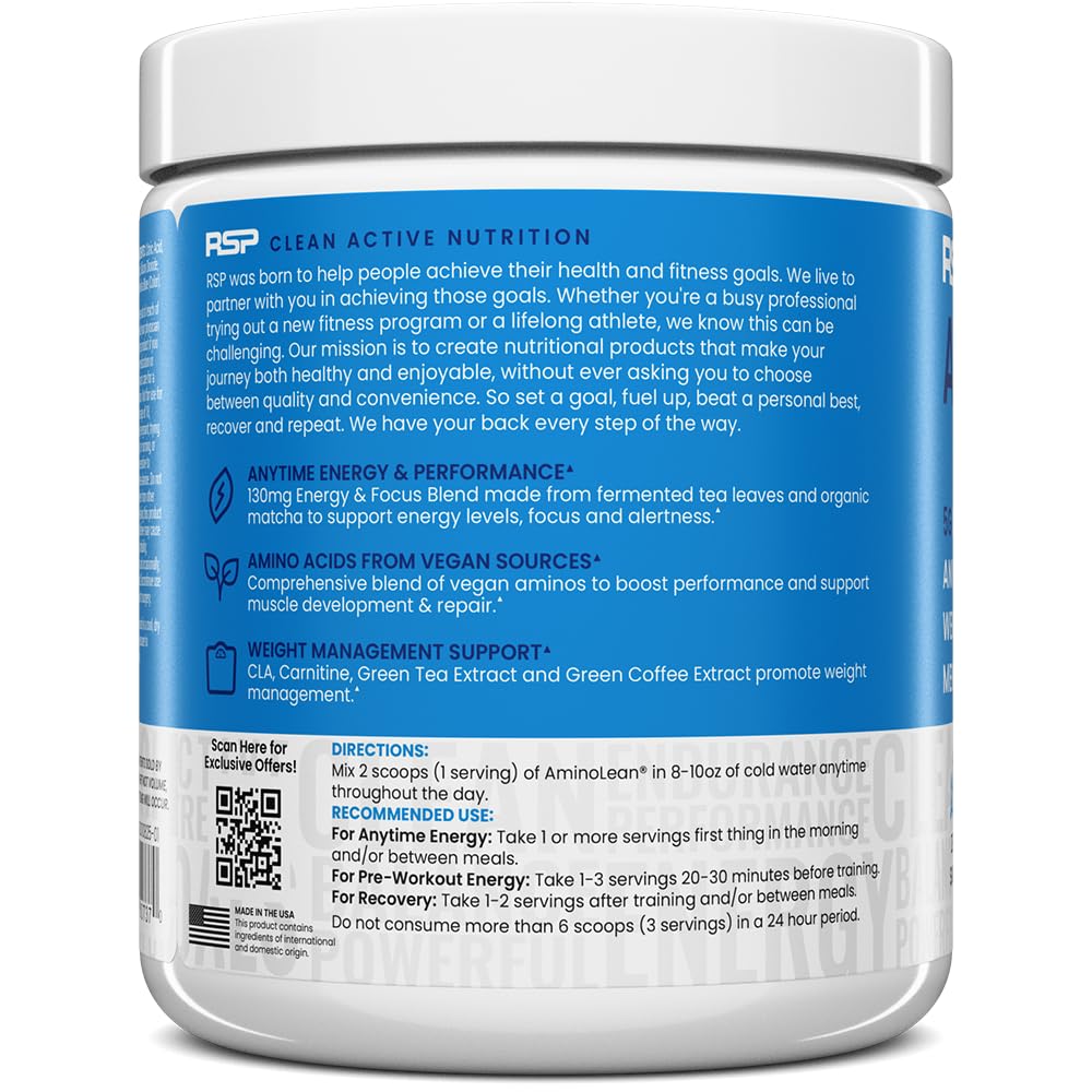 AminoLean Pre Workout Powder & Natural Amino Energy with Vegan BCAA + EAA | Jitter-Free Preworkout Energy from Green Tea + Amino Acids & Weight Management for Women & Men - Vegan, Zero Sugar, No Crash