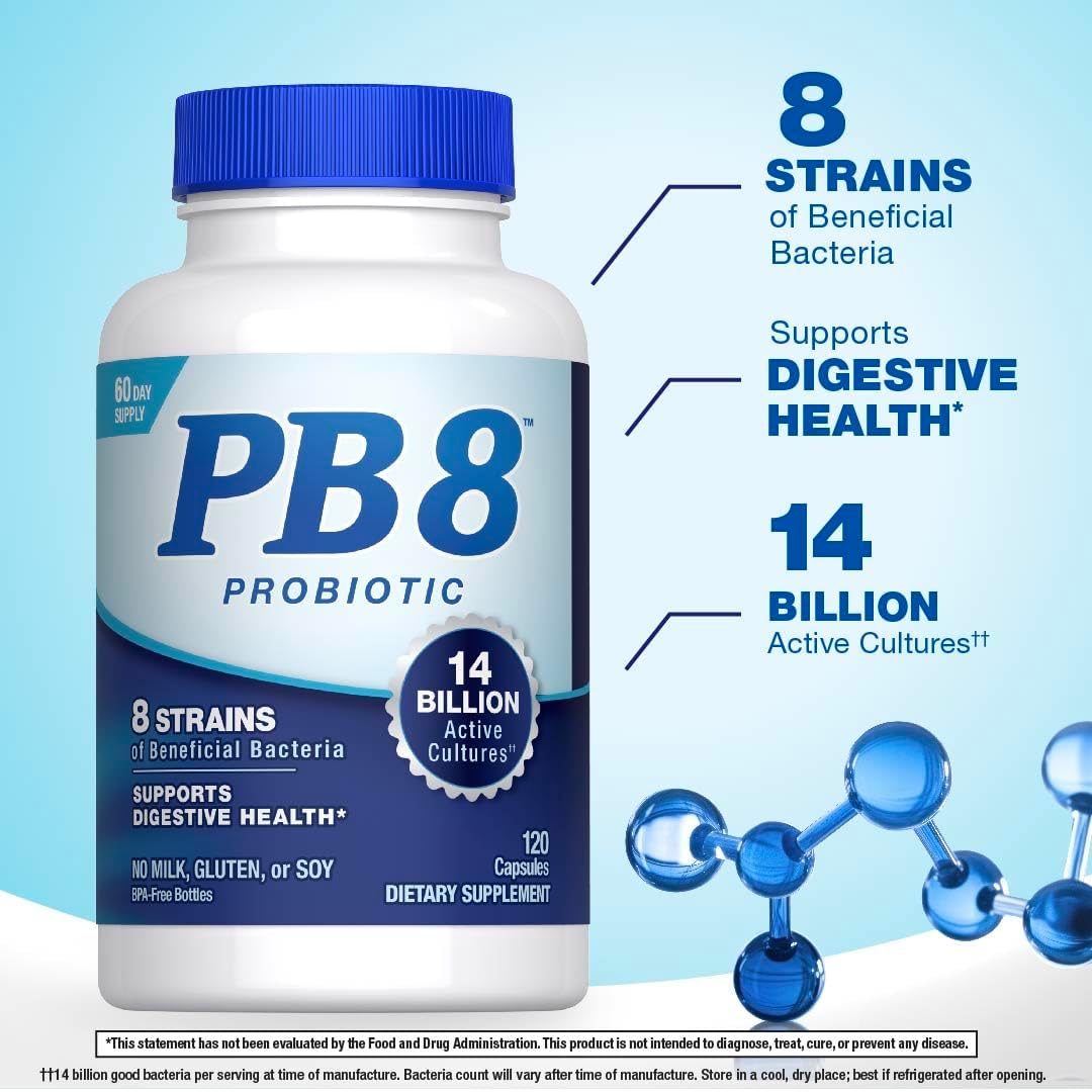 PB8 Probiotic | 14 Billion CFU | 120 Capsules | 8 Strains | for Women and Men | Gluten, Soy, and Milk Free Supplement