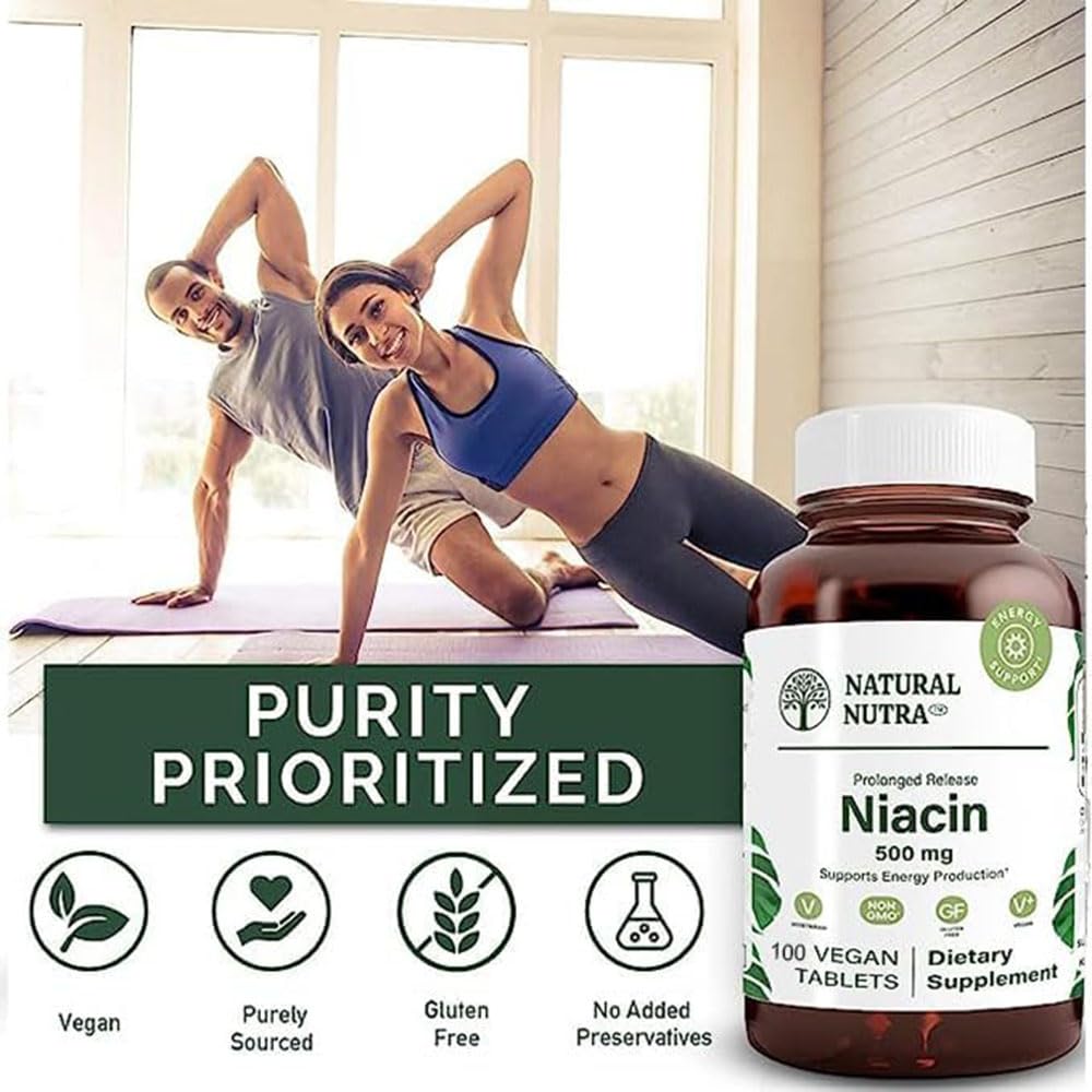 Natural Nutra Time-Release Slow Niacin 500mg (Vitamin B3), Support Healthy Cholesterol, Promotes Cardiovascular Health, Promotes Skin Cells and Improve Cognitive Function, 250 Vegan Tablets
