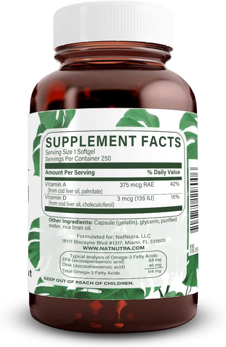 Natural Nutra Norwegian Cod Liver Oil Supplement 250 Softgels | Helps Maintain Skin & Body Density, Eye Health & Nerve Function, Promotes Dental Health, Supports Cardiovascular Health