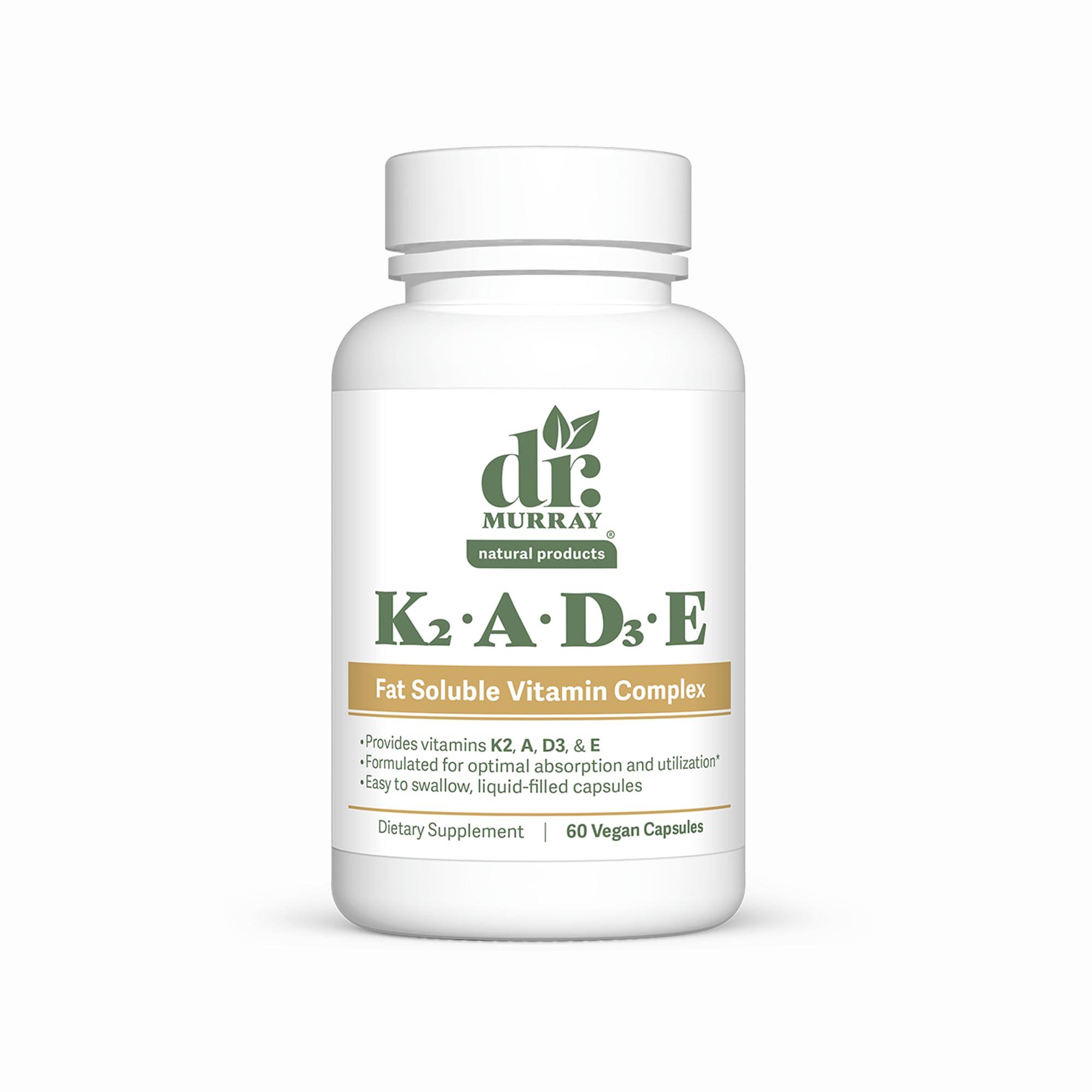 Dr. Murray's Vitamin K2-D3-A-E Liquid Vegan Capsules - Synergistic Fat-Soluble Blend | Bone, Vascular & Immune Support | Third-Party Tested | Clean Formulation | No Artificial Additives | 30 Count