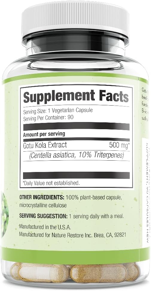 Nature Restore Gotu Kola Extract Supplement. Standardized to 10% Triterpenes - Maximum Potency 500mg Adaptogen for Brain Focus, Memory, Healthy Leg Circulation & Skin Elasticity - 90 Vegan Capsules