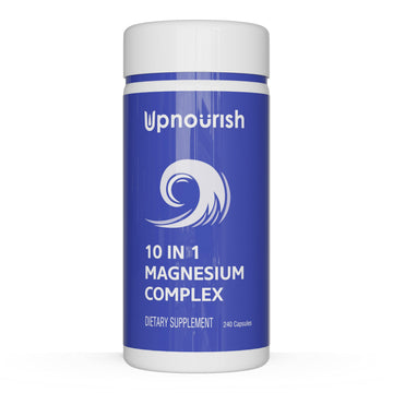 Supplement container labeled 'Upnourish 10 in 1 Magnesium Complex' on a white background