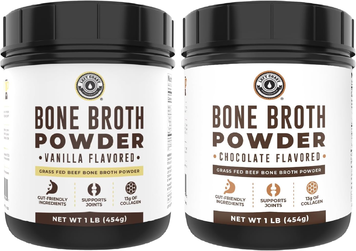 Left Coast Performance Vanilla Bone Broth Protein Powder, 16oz + Chocolate Bone Broth Protein Powder 16oz