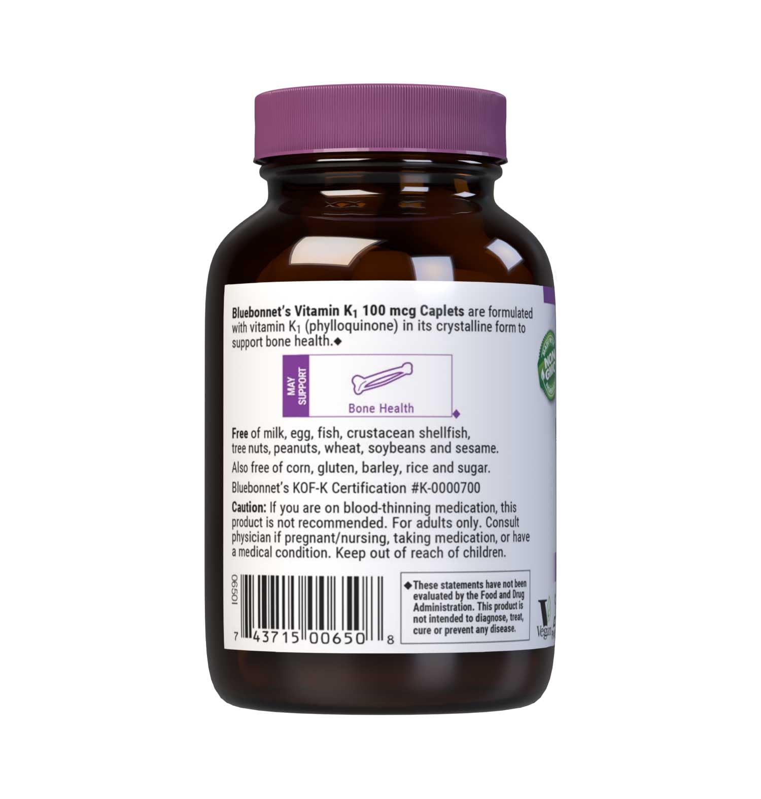 Bluebonnet Vitamin K1 100 mcg Supports Bone Health - Phylloquinone Crystalline Vitamin K Supplement - Non-GMO, Kosher Certified, Gluten-Free, Dairy-Free - 100 Vegan Caplets