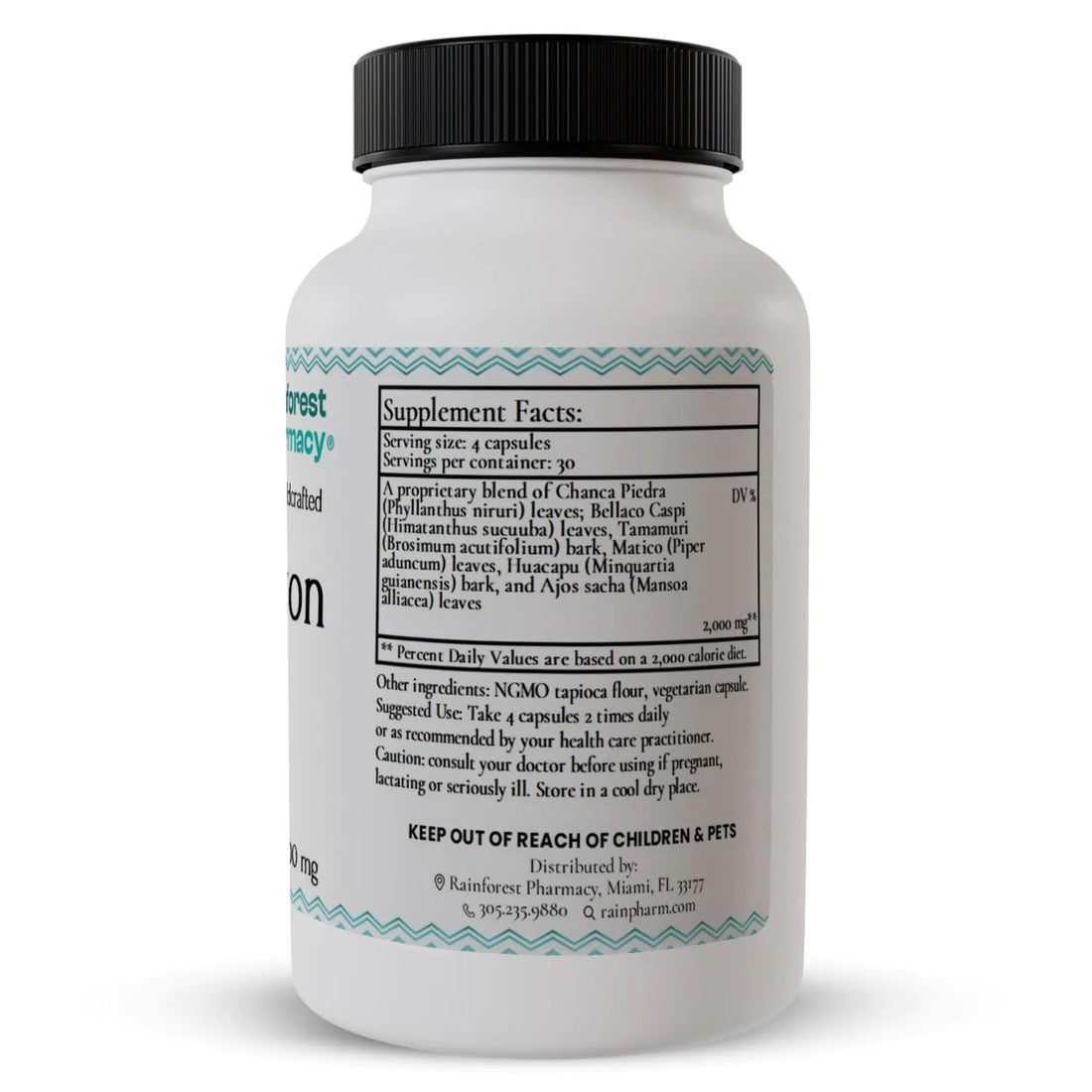 Supplement bottle labeled 'Amazon Spiro' by Rainforest Pharmacy on a white background