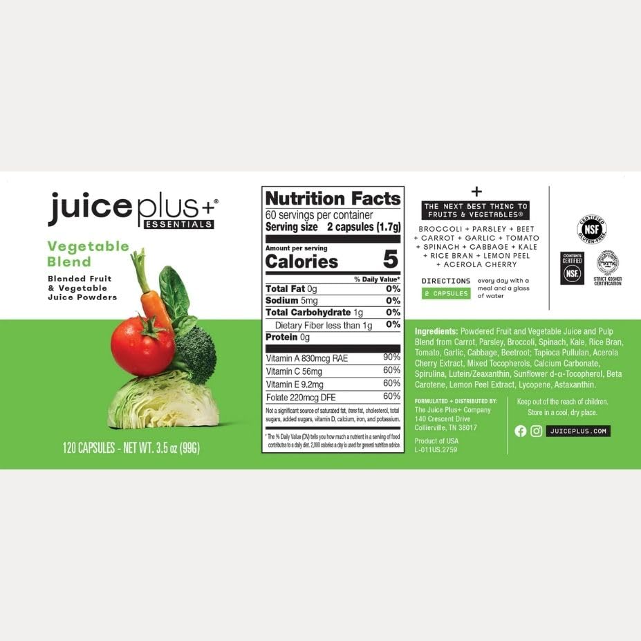 Juice Plus+ Vegetable Blend supplement container with capsules on a white background