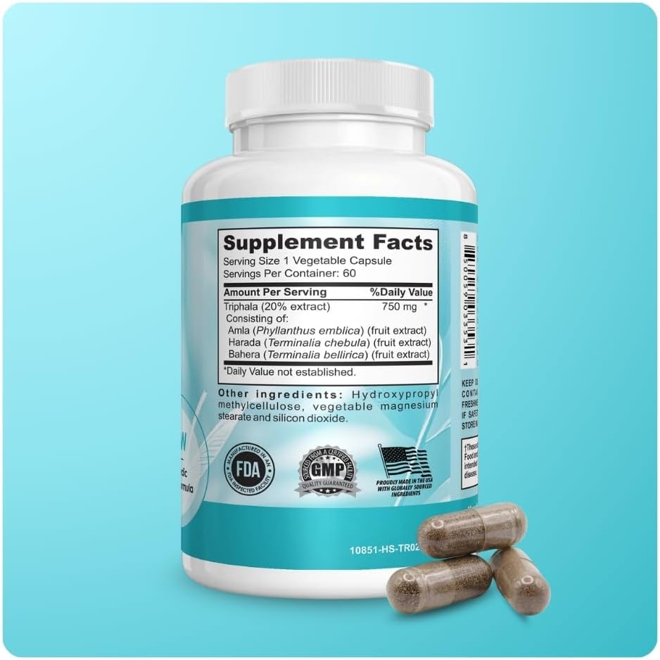 Triphala Extract Capsules 750mg - Digestive Support, Gut Health and Colon Function - Ayurvedic Herbal Supplement with Amla, Harad and Bahera - Vegan, Non-GMO, Made in USA - 60 Capsules