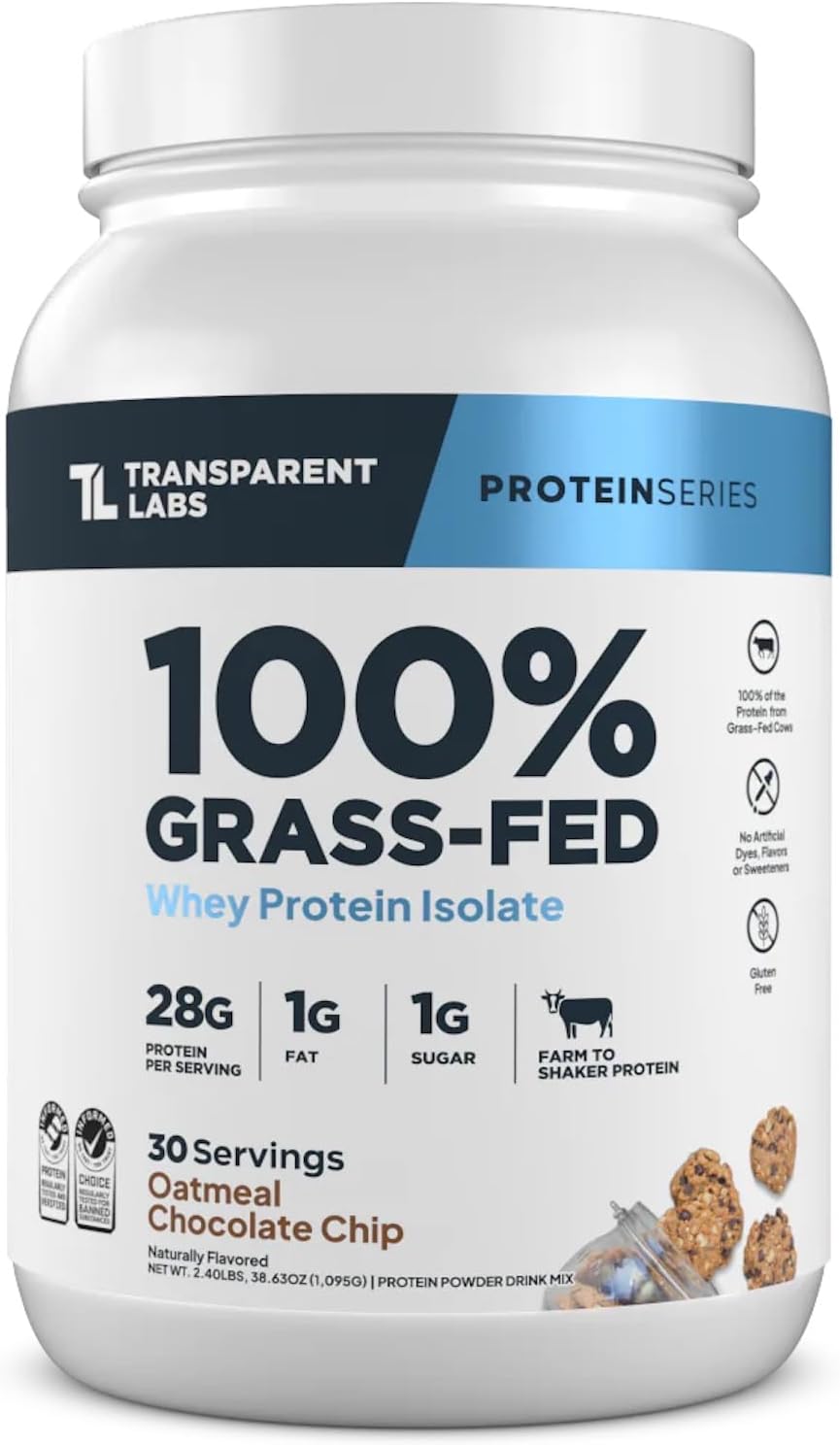 Transparent Labs Grass-Fed Whey Protein Isolate (30 Servings, Milk Chocolate) & Grass-Fed Whey Protein Isolate (30 Servings, Oatmeal Chocolate Chip Cookie)