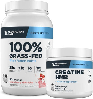 Transparent Labs Grass-Fed Whey Protein Isolate (30 Servings, Strawberry Milkshake) & Creatine HMB (30 Servings, Unflavored)