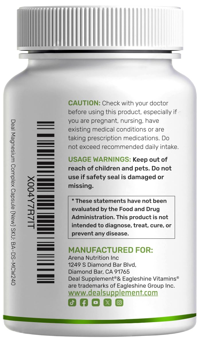 Supplement bottle labeled 'Magnesium 12-in-1 complex for women' with branding on a white background