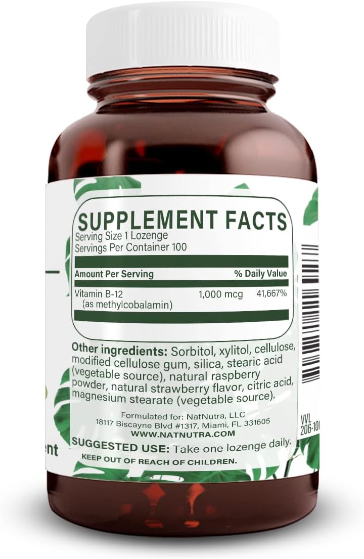 Natural Nutra Vegan Methyl B12 1000mcg, 100 Vegan Lozenges | Supports Cardiovascular & Brain Health, Energy Booster Supplement, Gluten-Free, Enhances Immune Response, Natural Berry Flvr
