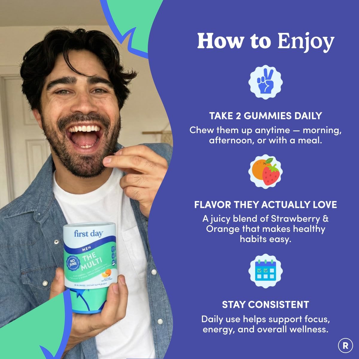 FIRST DAY Men's Multivitamin Gummy with 13 Key Nutrients, 60 Gummies | Vegan gummy vitamins for men with methylfolate, zinc and organic fruit and veggie blend; take 2 daily for a 30-day supply.