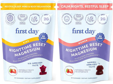 FIRST DAY Kids & Womens' Calming Magnesium Gummies (Strawberry) | Rest & Energy Bedtime Supplement | Balanced Mood | No Melatonin | Clean Label Project Verified® | Vegan, Non-GMO | 30-Day Supply