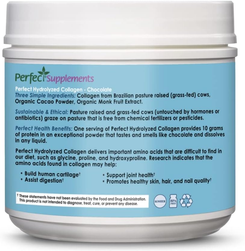 Perfect Supplements - Perfect Hydrolyzed Collagen Chocolate – 396 Grams – Bovine Hydrolyzed Collagen Peptides – Pesticide & Hormone Free – Brazilian Pasture Raised