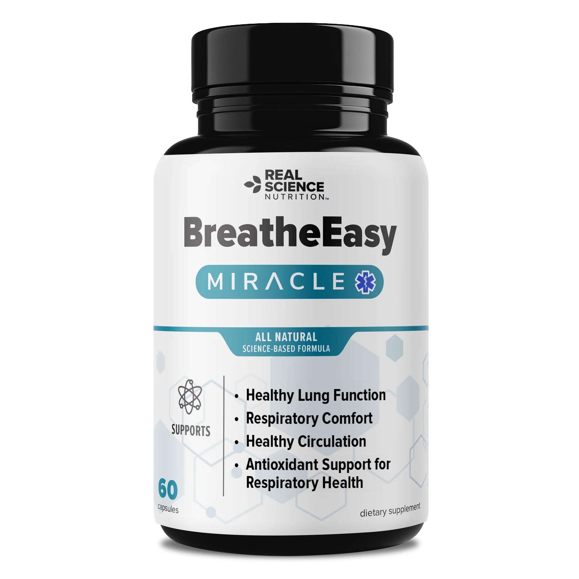 Bottle of Real Science Nutrition BreatheEasy supplement on a white background