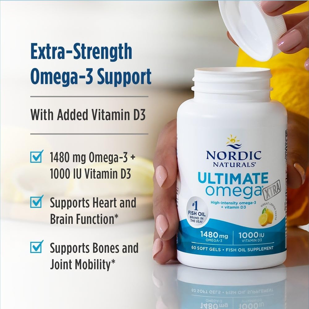 Nordic Naturals Ultimate Omega Xtra, 1480mg + 1000 IU D3, EPA&DHA 60 Count | Brain, heart & immune support. 1480mg EPA+DHA for brain & heart health. 1000 IU D3 for immune health. Lemon, 30 Servings
