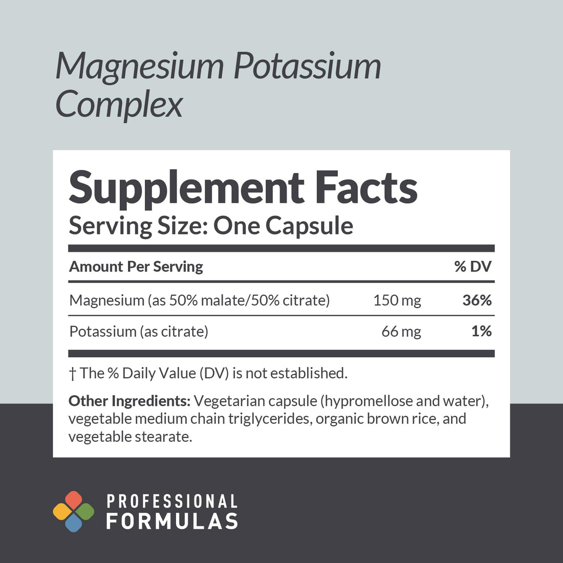 Supplement bottle labeled 'Magnesium Potassium Complex' on a white background
