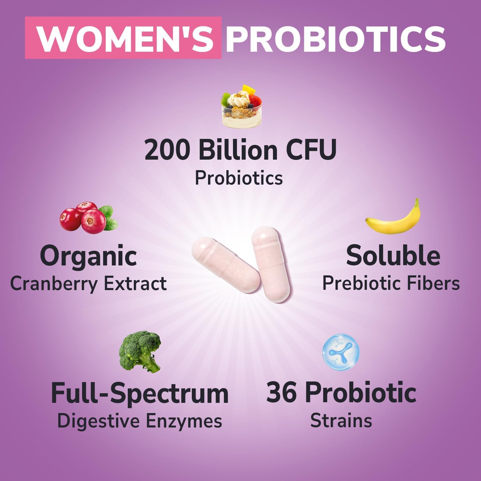 Vitalibre Probiotics for Women 30 Strains, 100B CFUs Vaginal Probiotics | with Digestive Enzymes, Prebiotics & Cranberry for Urinary Tract Health, pH Balance, 30 Veggie Capsules