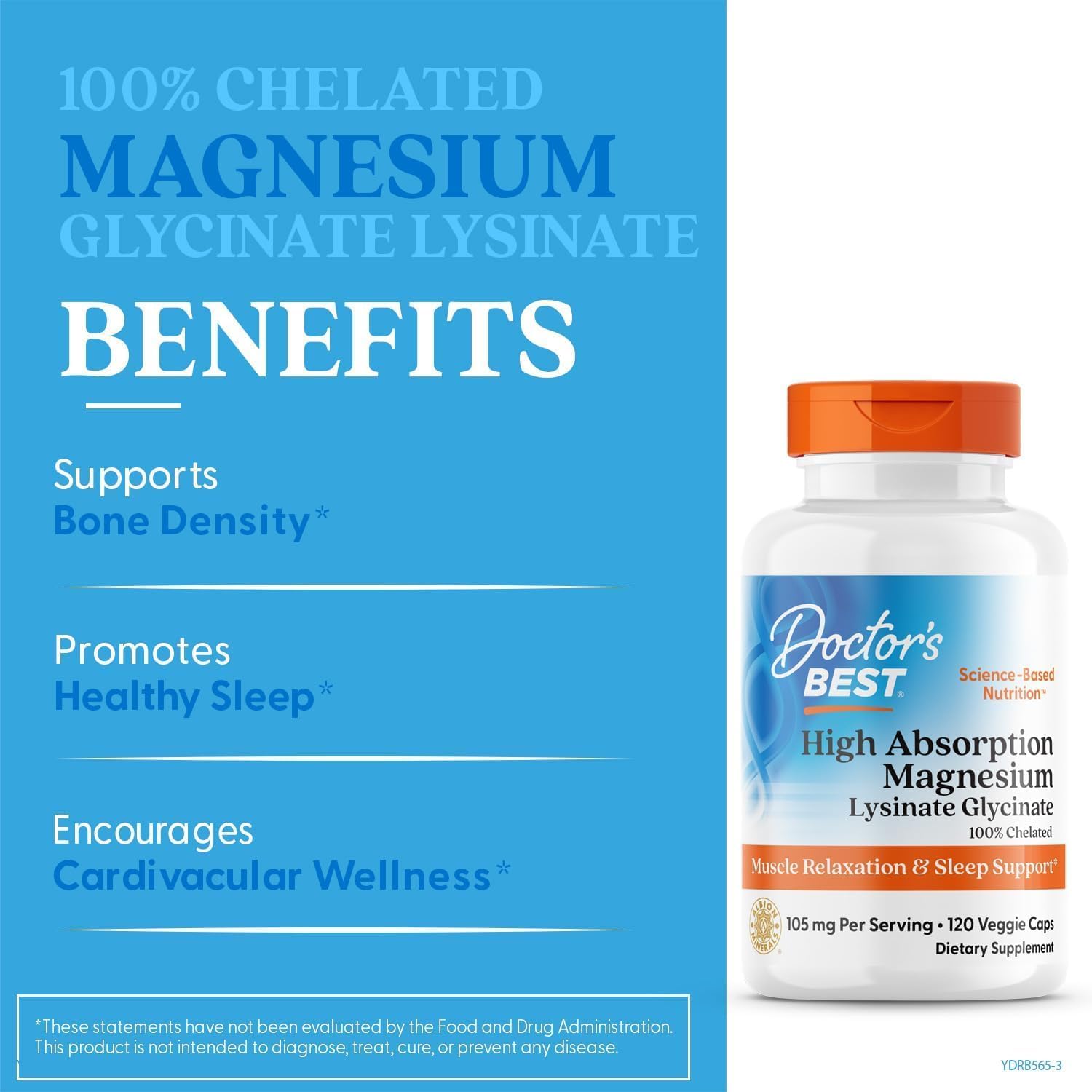 Doctor's Best High Absorption Magnesium Glycinate Lysinate Supplement for Sleep Support - Chelated Magnesium Capsules for Women & Men, 105 mg per Serving, Calm Support, Vegan - 120 Veg Caps