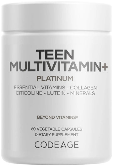 Codeage Teen Multivitamin+ Platinum Supplement - Vitamins A, C, D3, E, K2, B6, B12, Minerals, Probiotics, Citicoline Codeage
