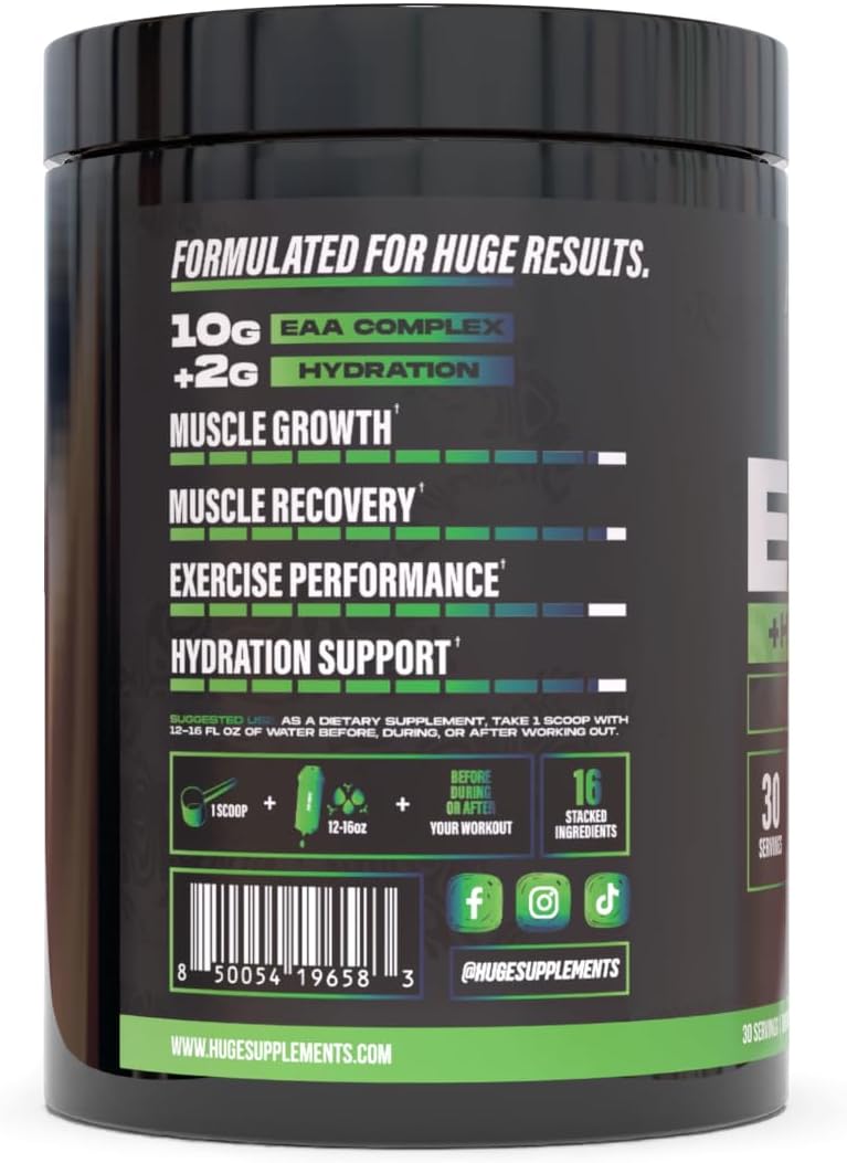 Huge EAA + Hydration, Essential Amino Acids Powder, EAAs & BCAAs, Intra & Post Workout Recovery Powder, Muscle Growth, Recovery & Performance, 10g EAAs & Electrolytes, Kiwi Blueberry, 30 Servings