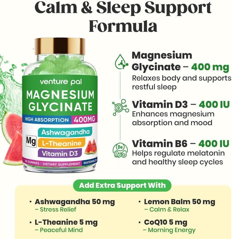 60 Day Supply Magnesium Glycinate 400mg Gummies Sugar Free High Absorption | With Ashwagandha, L-Theanine, CoQ10, Vitamin D3 & B6, Adults & Kids, Stress Relief, Sleep & Calm, Vegan, Gluten Free