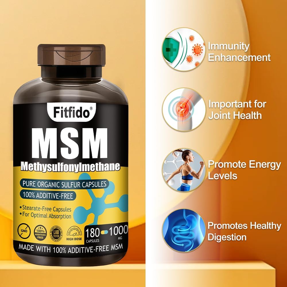 MSM Capsules 1000mg, 99.9% Pure Organic Sulfur, 180 Count | Joint Support, Hair Skin & Nails, Stearate-Free, No Fillers, Daily Wellness, Third-Party Tested, Non-GMO, Gluten Free