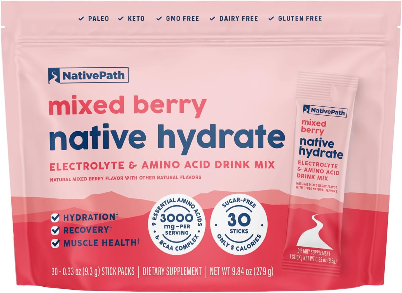 NativePath Hydrate Electrolyte Stick Packs, Mixed Berry, 30 Count | Single-Serve Sticks, 14 Vitamins & Minerals, 9 Aminos & 2000mg BCAAs, Zero Sugar, Hydration, Keto