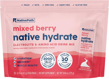NativePath Hydrate Electrolyte Stick Packs, Mixed Berry, 30 Count | Single-Serve Sticks, 14 Vitamins & Minerals, 9 Aminos & 2000mg BCAAs, Zero Sugar, Hydration, Keto