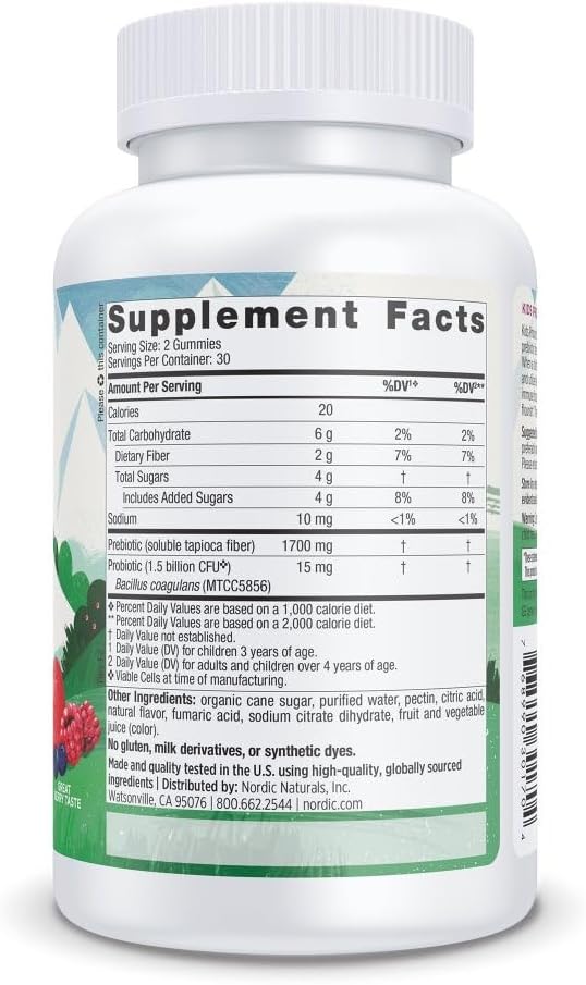 Nordic Naturals Kids Nordic Flora Probiotic Gummies, 1.5B CFU - 60 Count | Supports digestive & immune health. 1.5B CFU probiotics + prebiotic fiber. Non-GMO, Vegan. Berry Punch flavor. 30 Servings