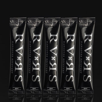 Five black packets of RVNS Hangover Recovery on a black background