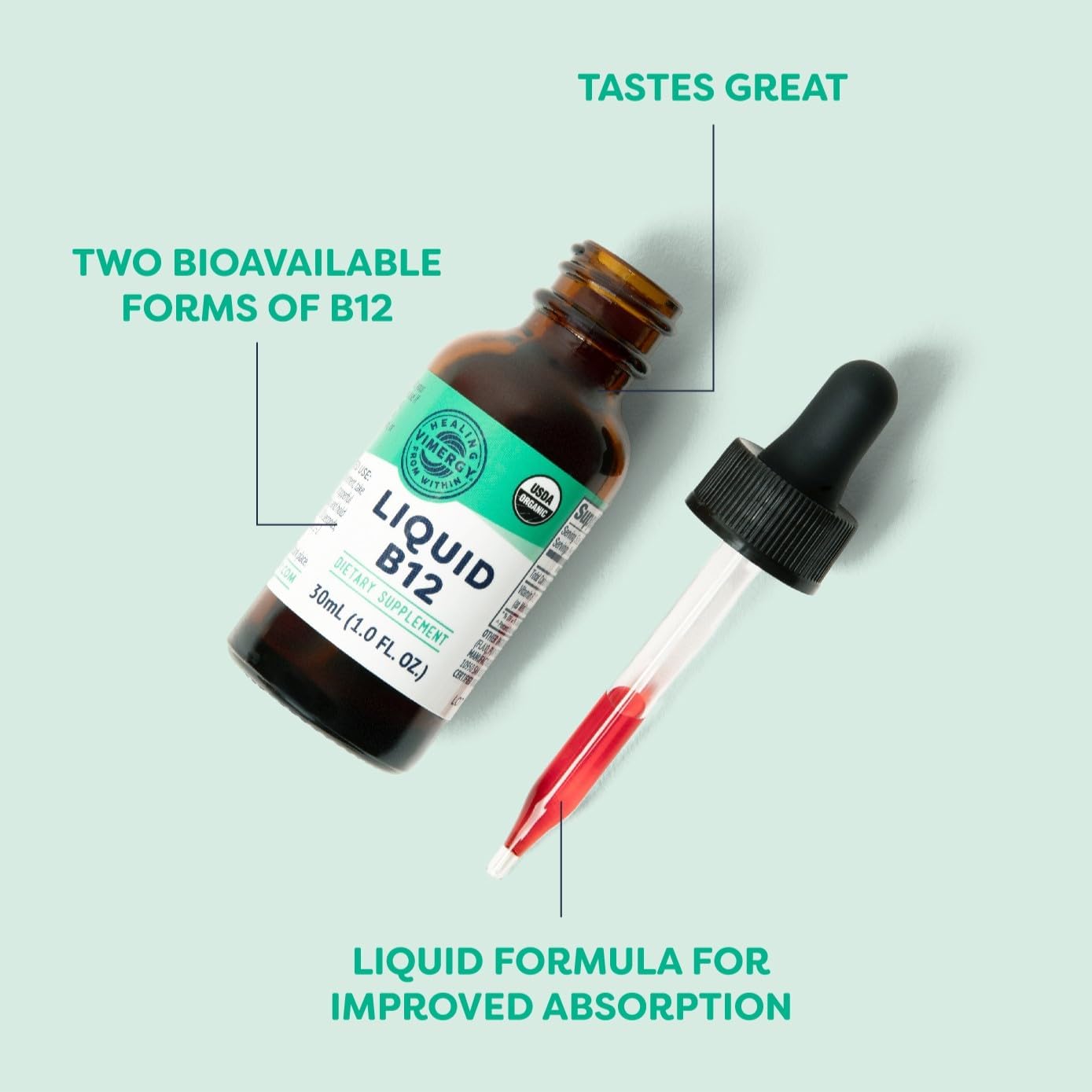 Vimergy USDA Organic Liquid Vitamin B12 Supplement 2500 mcg, Methylcobalamin & Adenosylcobalamin – Energy Support, Vegan, Non-GMO B12 Vitamins for Women & Men 30 Serving (30 mL)