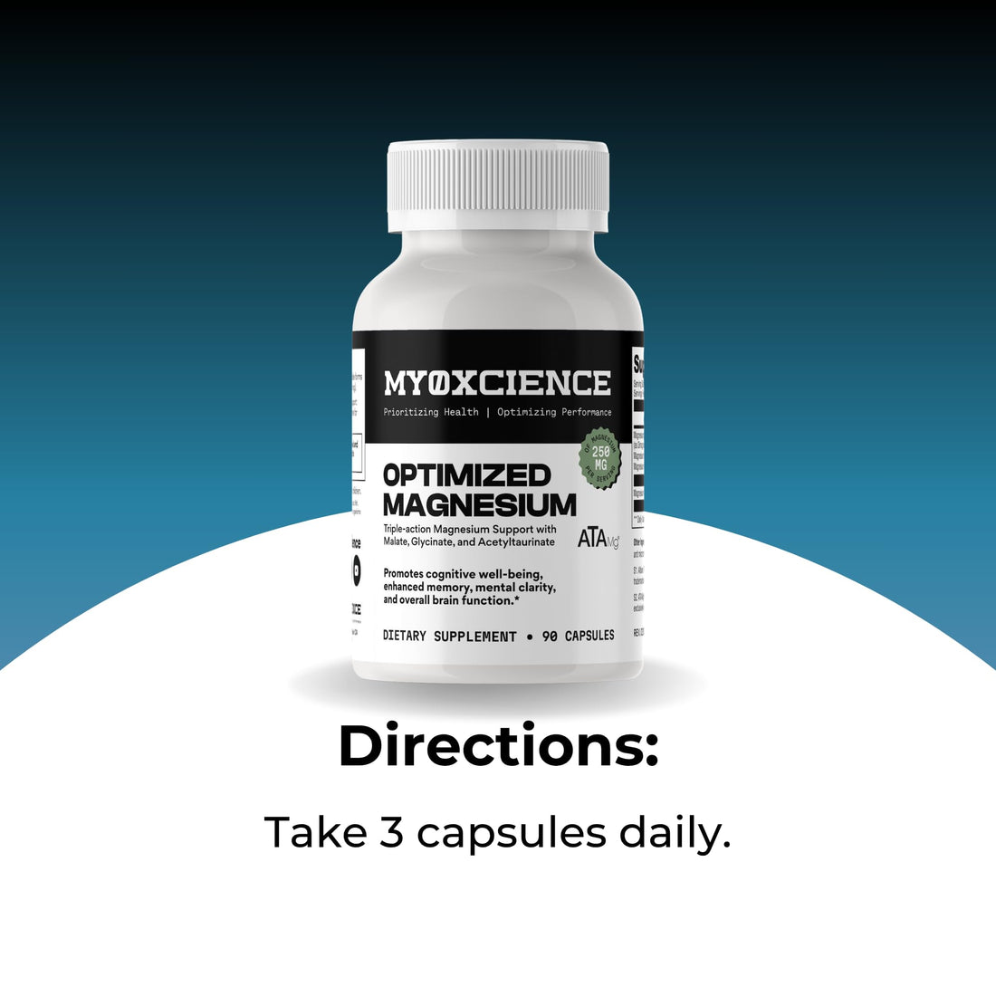 Supplement bottle labeled 'MyoxScience Optimized Magnesium' on a white background