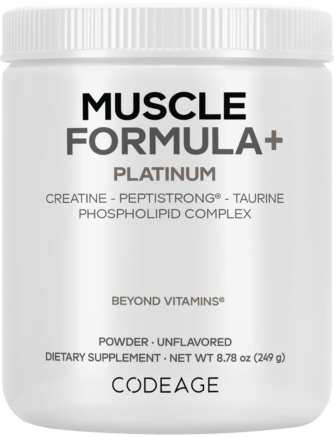 Codeage Muscle Formula+ Platinum Supplement - Creatine Monohydrate, PeptiStrong Fava Bean Protein Hydrolysate, Taurine, Vitamin D3, Liposomal Delivery - Non-GMO - Unflavored Protein Powder - 8.78 Oz CodeageBuy Supplements Australia