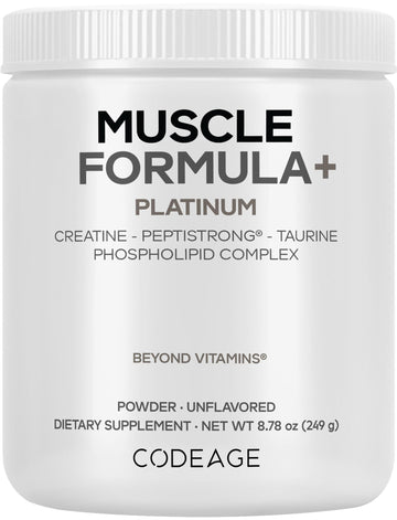 Codeage Muscle Formula+ Platinum Supplement - Creatine Monohydrate, PeptiStrong Fava Bean Protein Hydrolysate, Taurine, Vitamin D3, Liposomal Delivery - Non-GMO - Unflavored Protein Powder - 8.78 Oz CodeageBuy Supplements Australia