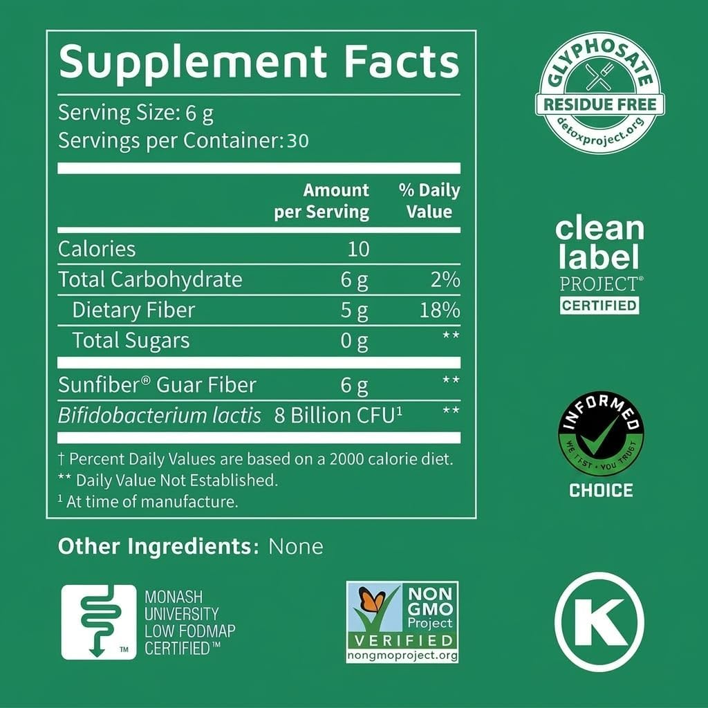 Tomorrow's Nutrition Sunfiber GI, Prebiotic Fiber & Probiotics, 5g Prebiotic Fiber & 8 Billion Probiotics Per Serving, Low FODMAP, 30-Day Supply, 30 Day