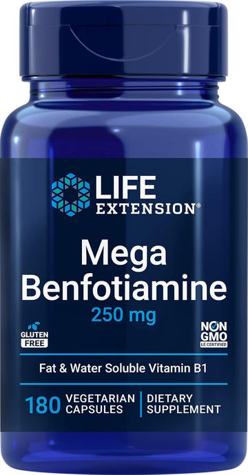 Life Extension Mega Benfotiamine 250 mg, 180 Vegetarian Capsules | 250 mg of benfotiamine and 10 mg of thiamine (vitamin B1) per capsule. Non-GMO, Gluten Free, Vegetarian.