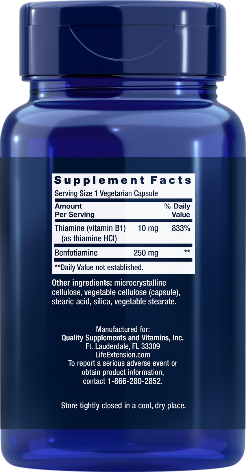 Life Extension Mega Benfotiamine 250 mg, 180 Vegetarian Capsules | 250 mg of benfotiamine and 10 mg of thiamine (vitamin B1) per capsule. Non-GMO, Gluten Free, Vegetarian.