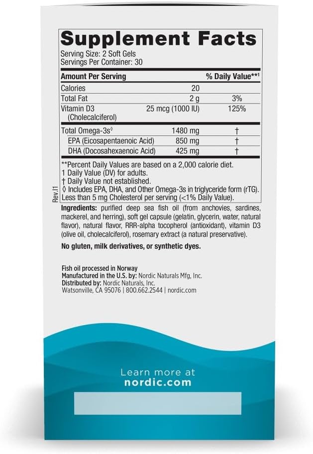 Nordic Naturals Ultimate Omega Xtra, 1480mg + 1000 IU D3, EPA&DHA 60 Count | Brain, heart & immune support. 1480mg EPA+DHA for brain & heart health. 1000 IU D3 for immune health. Lemon, 30 Servings