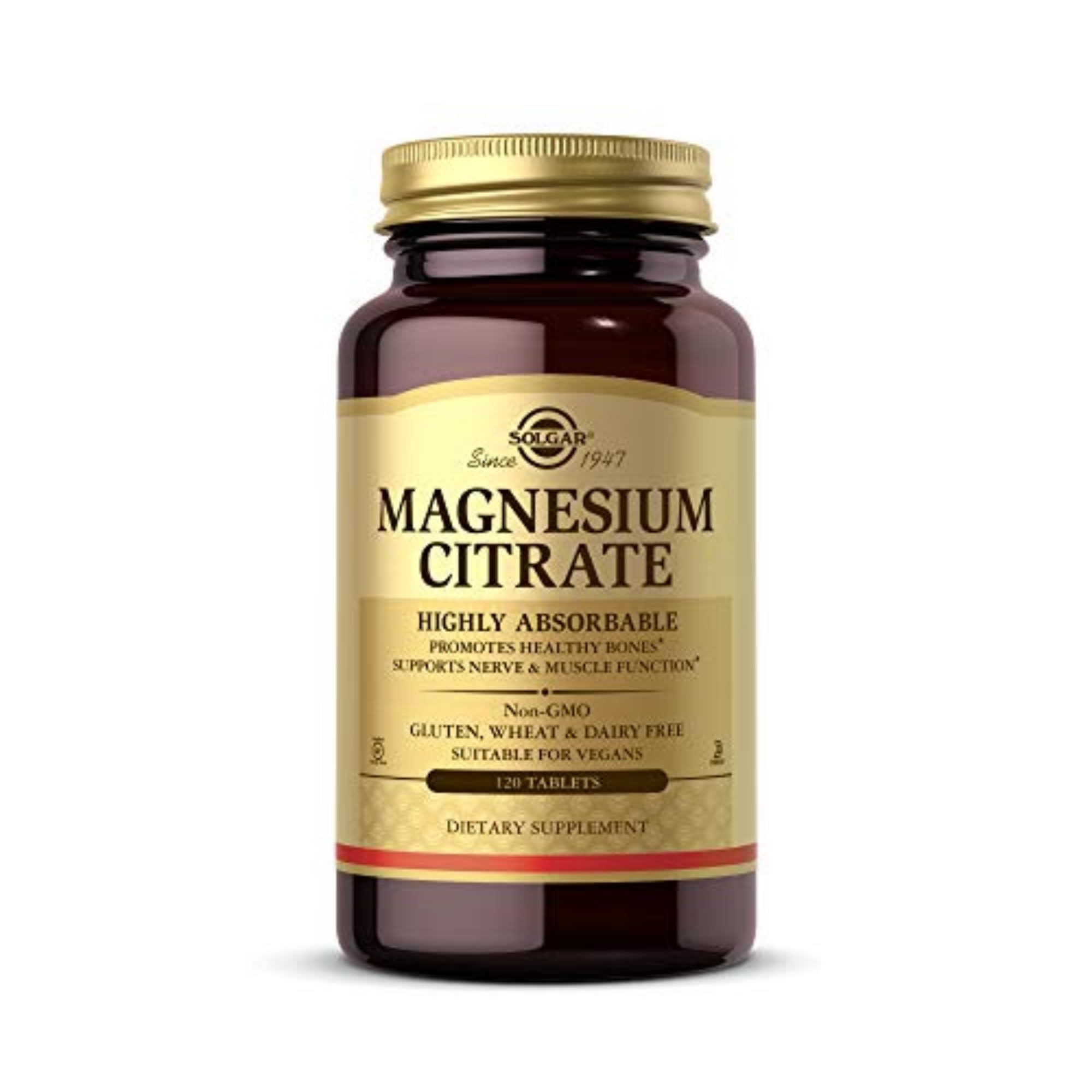 Solgar Magnesium Citrate, 120 Tablets - Promotes Healthy Bones - Supports Nerve & Muscle Function - Non GMO, Vegan, Gluten Free, Dairy Free, Kosher - 60 Servings, Standard Packaging