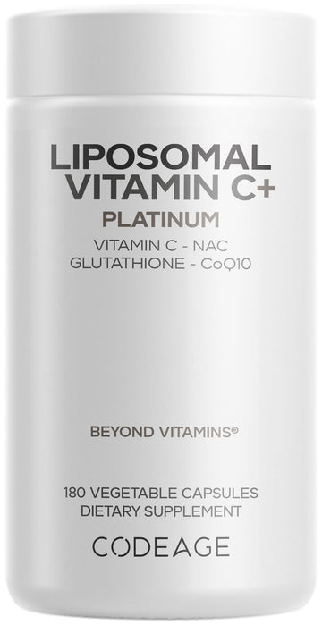 Codeage Liposomal Vitamin C+ Platinum - 1000 Mg Vitamin C Vitamins, Glutathione, NAC (N Acetyl Cysteine), Resveratrol, CoQ10, Rutin, Elderberry, Quercetin, Rosehip, Citrus Bioflavonoids - 180 Capsules CodeageBuy Supplements Australia